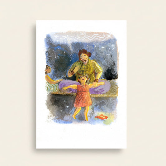 Illustration of a woman and child in a natural setting on a white card with a pink background